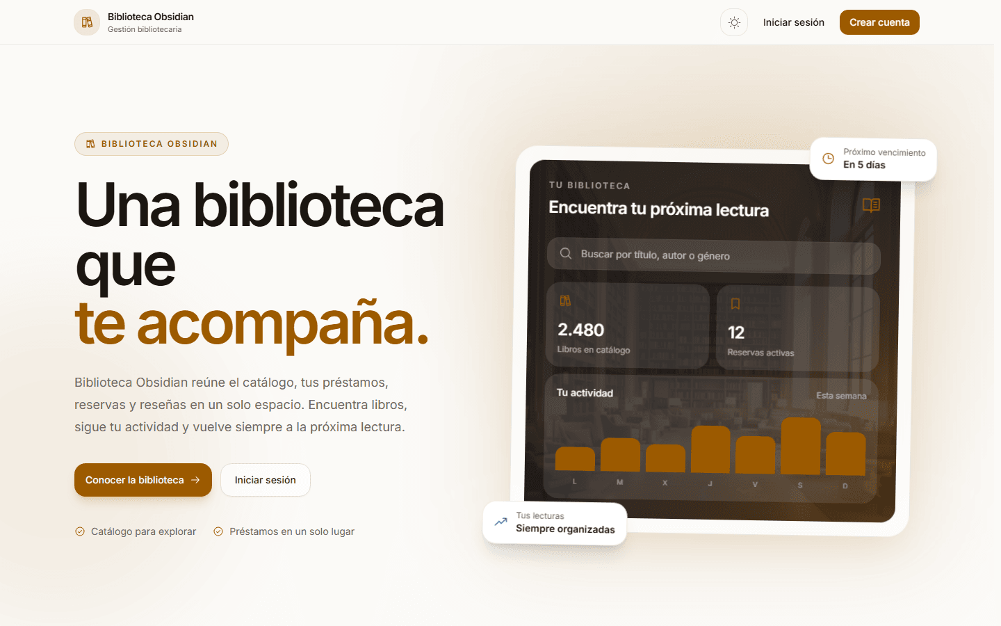 Portada actual de Obsidian Library con el mensaje Una biblioteca que te acompaña y una vista ilustrativa de la plataforma